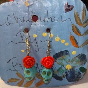 Dia De Los Muertos Turquoise and Orange Skull Earrings